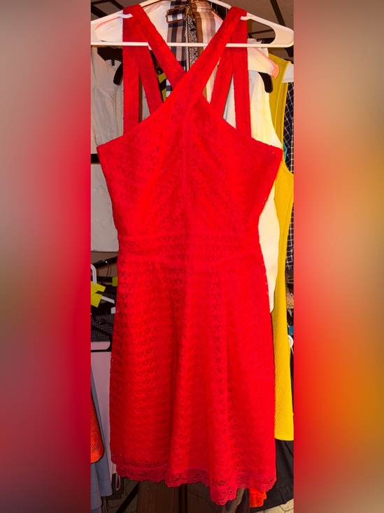 Moda International Dresses & Skirts - Moda International Red Lace Skater Mini Dress with Crisscross Straps